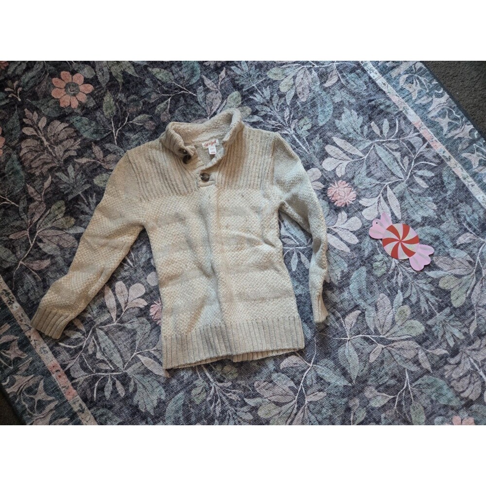 Cat & Jack Boys Beige Knit Cardigan Sweater Button Mock Neck Lined Size S (6/7)